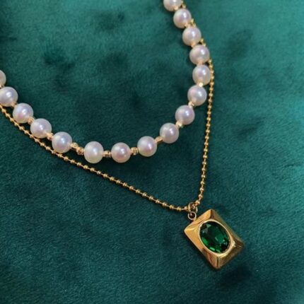 88.14K Gold Emerald Pearl Layered Necklace